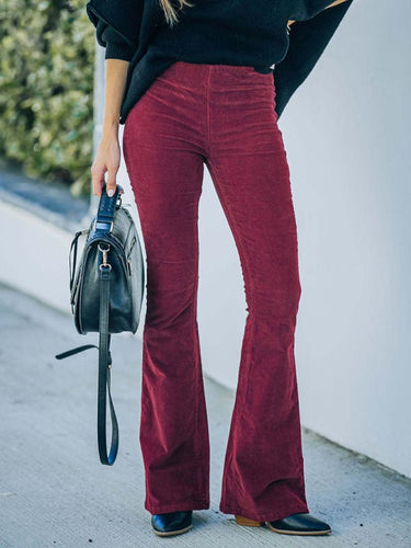 Solid Color High Waist Slim Flared Pants Corduroy Elastic Waist Casual Pants - Smooth Visage
