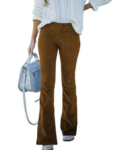 Solid Color High Waist Slim Flared Pants Corduroy Elastic Waist Casual Pants - Smooth Visage