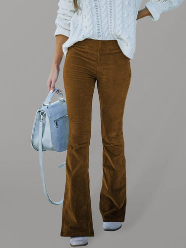 Solid Color High Waist Slim Flared Pants Corduroy Elastic Waist Casual Pants - Smooth Visage
