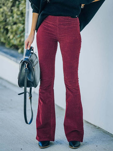Solid Color High Waist Slim Flared Pants Corduroy Elastic Waist Casual Pants - Smooth Visage