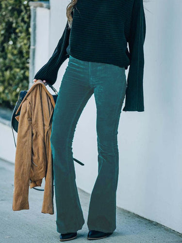 Solid Color High Waist Slim Flared Pants Corduroy Elastic Waist Casual Pants - Smooth Visage