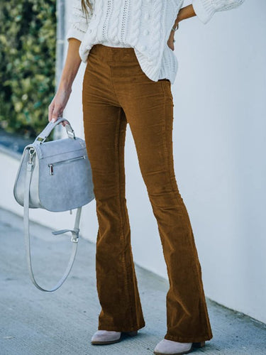 Solid Color High Waist Slim Flared Pants Corduroy Elastic Waist Casual Pants - Smooth Visage
