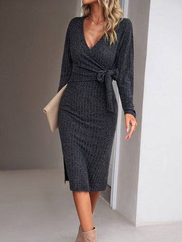 Women's Fashion Casual V - Neck Long - Sleeve Knitted Tie Dress - Smooth Visage