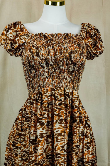 Women's Leopard Print Smocked Midi Dress – Puff Sleeve Dress by Smooth Visage - Smooth Visage