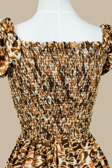 Women's Leopard Print Smocked Midi Dress – Puff Sleeve Dress by Smooth Visage - Smooth Visage
