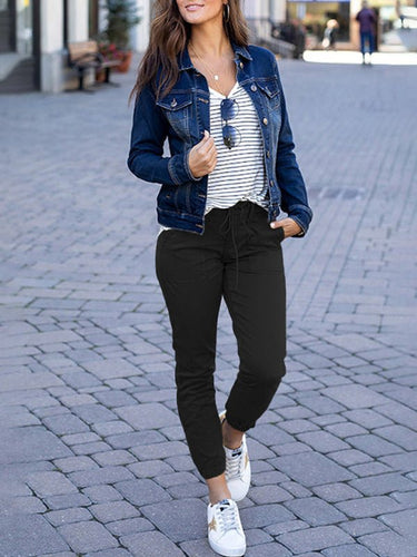 Women's Slim Pocket Cropped Pants New Solid Color Lace - Up Leisure Pants - Smooth Visage