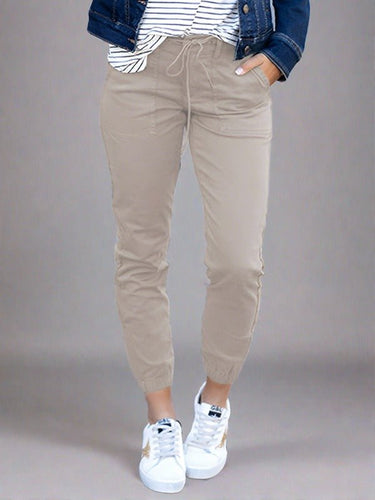 Women's Slim Pocket Cropped Pants New Solid Color Lace - Up Leisure Pants - Smooth Visage