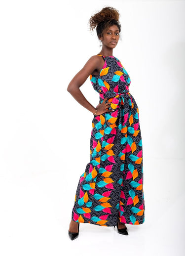 Ankara Halter-Neck Palazzo Jumpsuit with Waist Belt Vibrant Leaf Pri Smooth Visage Ankara Halter-Neck Palazzo Jumpsuit with Waist Belt Vibrant Leaf Pri Smooth Visage