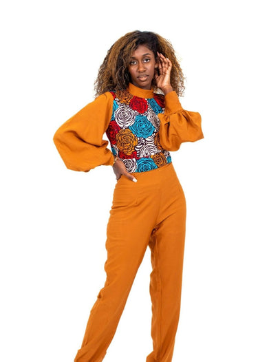 Smooth Visage Brown Ankara and Crepe Mix African Print Women's Jumpsuit - Smooth Visage