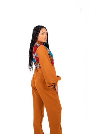 Smooth Visage Brown Ankara and Crepe Mix African Print Women's Jumpsuit - Smooth Visage