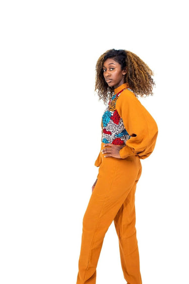Smooth Visage Brown Ankara and Crepe Mix African Print Women's Jumpsuit - Smooth Visage