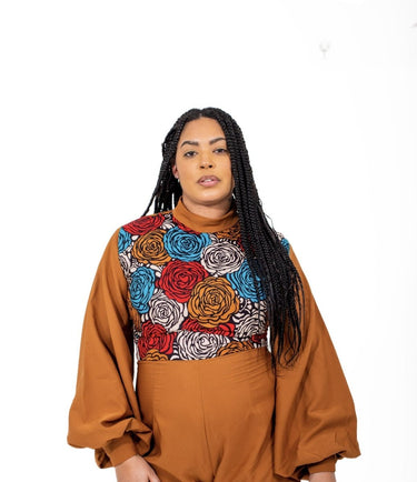 Smooth Visage Brown Ankara and Crepe Mix African Print Women's Jumpsuit - Smooth Visage