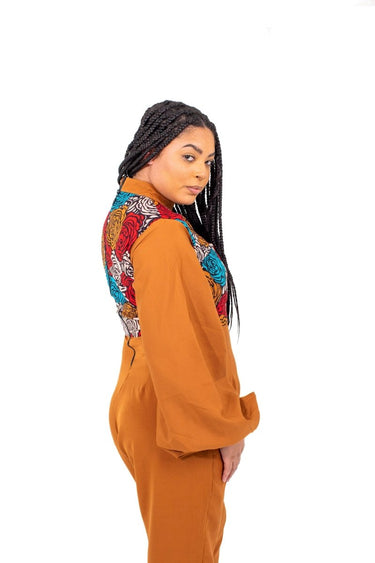 Smooth Visage Brown Ankara and Crepe Mix African Print Women's Jumpsuit - Smooth Visage