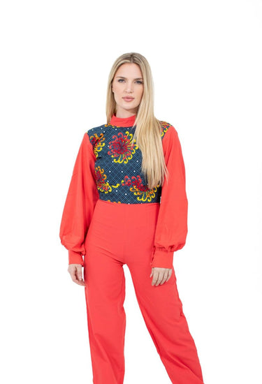 Smooth Visage Coral Red Ankara and Crepe Mix African Print Jumpsuit - Smooth Visage