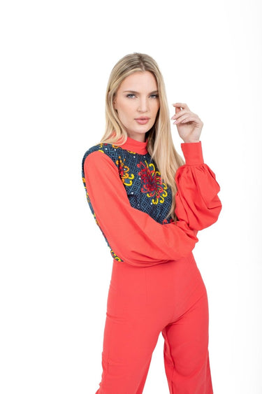 Smooth Visage Coral Red Ankara and Crepe Mix African Print Jumpsuit - Smooth Visage