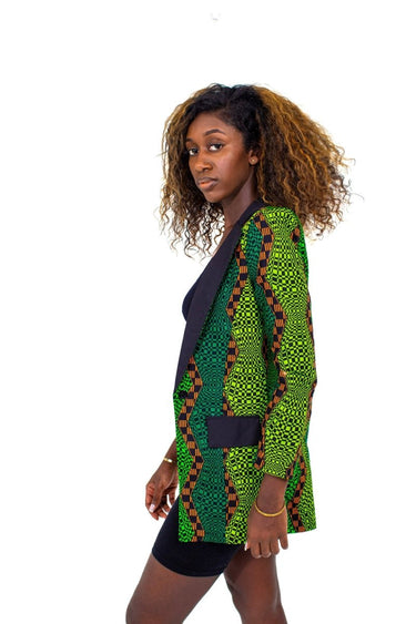Smooth Visage Long Green Ankara African Print Tuxedo Blazer - Smooth Visage