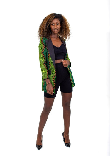 Smooth Visage Long Green Ankara African Print Tuxedo Blazer - Smooth Visage