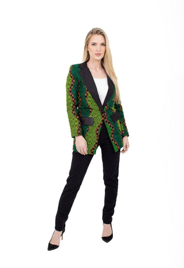 Smooth Visage Long Green Ankara African Print Tuxedo Blazer - Smooth Visage