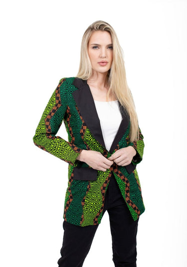 Smooth Visage Long Green Ankara African Print Tuxedo Blazer - Smooth Visage