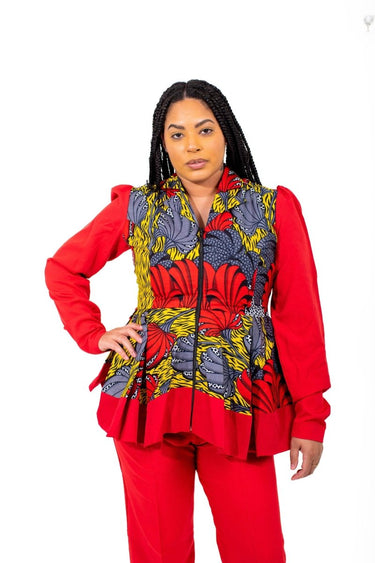 Smooth Visage Red Ankara Peplum and Crepe Pant Set African Print Clothing for Women - Smooth Visage